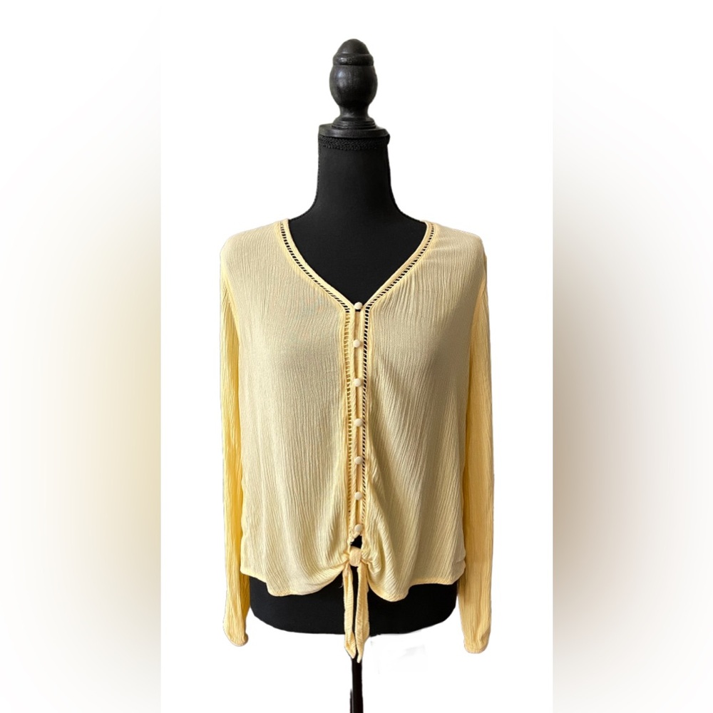 Pink Rose: Yellow Rayon Boho Button Down Blouse with Front Tie